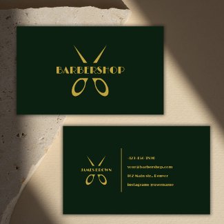 Minimalist Gold Scissors Green Barbershop Salon