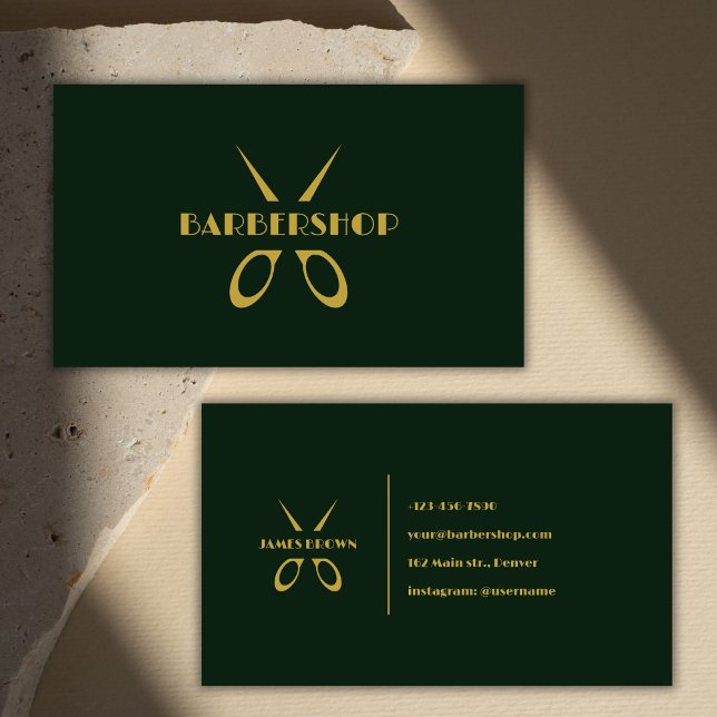 Minimalist Gold Scissors Green Barbershop Salon Business Card (Minimalist Gold Scissors Green Barbershop Salon Business Card)