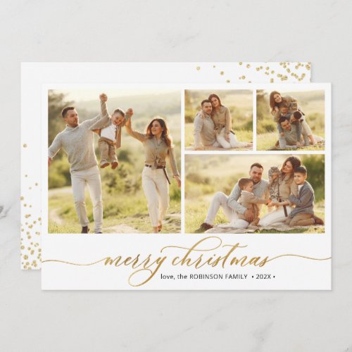 Minimalist Gold Script 4 Photo Collage Christmas  Holiday Card