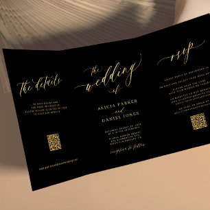 Minimalist gold script all in one black wedding Tri-Fold invitation