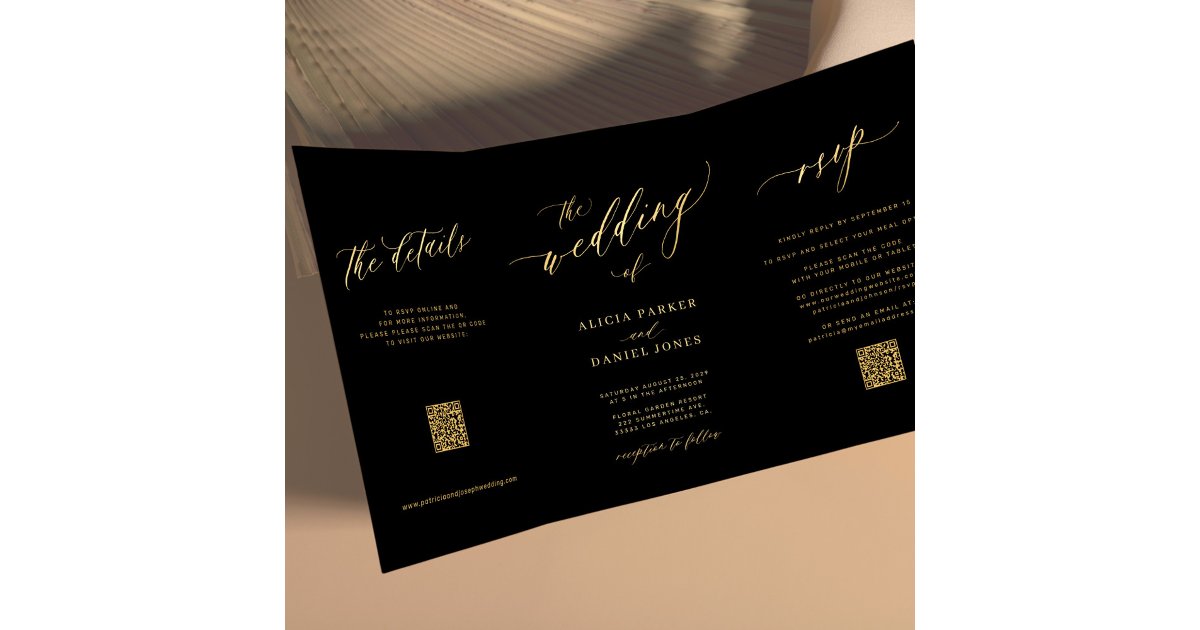 Minimalist gold script all in one black wedding Tri-Fold invitation ...