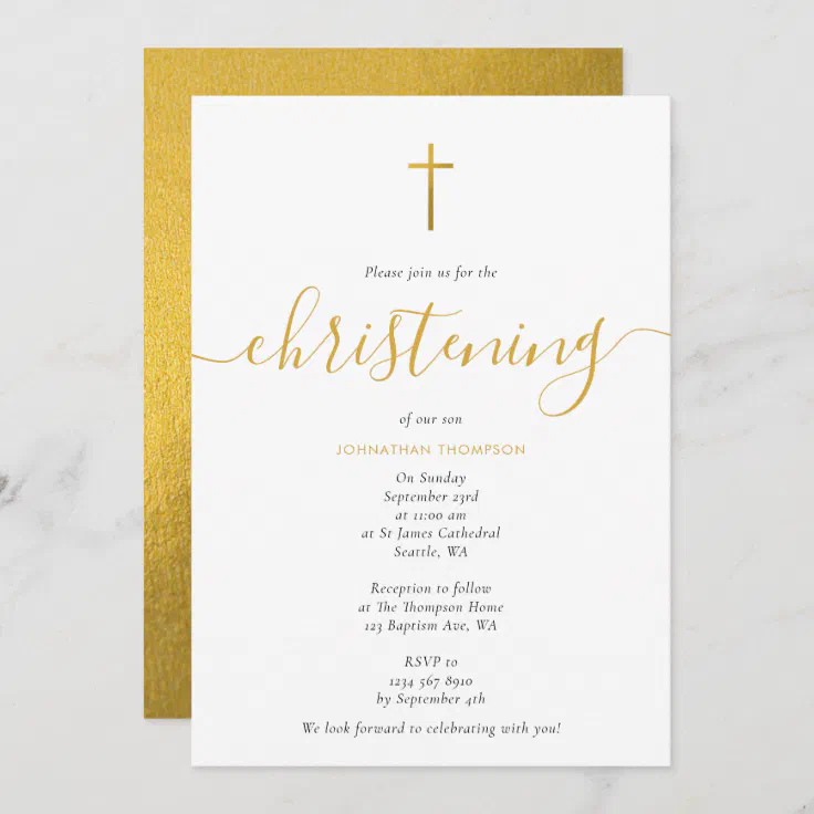 Minimalist Gold Script Baptism Christening Invitation | Zazzle