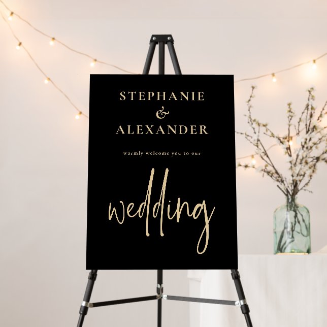 Minimalist Gold Script Black Welcome Wedding  Foam Board (In Situ (Stand))