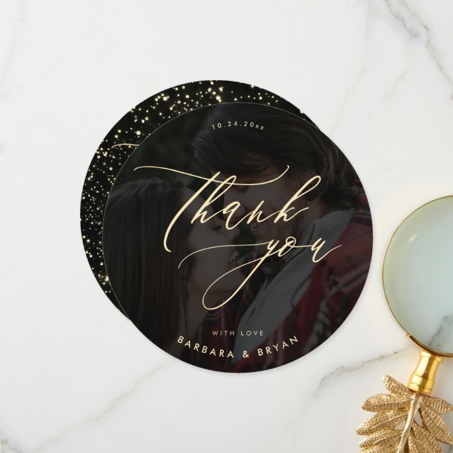 Minimalist Gold Script Glitter Wedding Photo  Thank You Card (Front/Back In Situ)