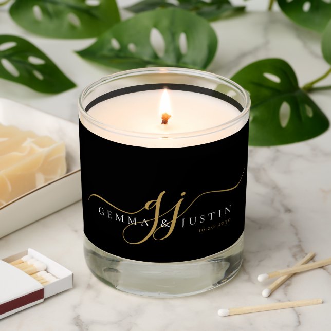 Minimalist Gold Script Monogram Black Wedding Scented Candle (Lit)