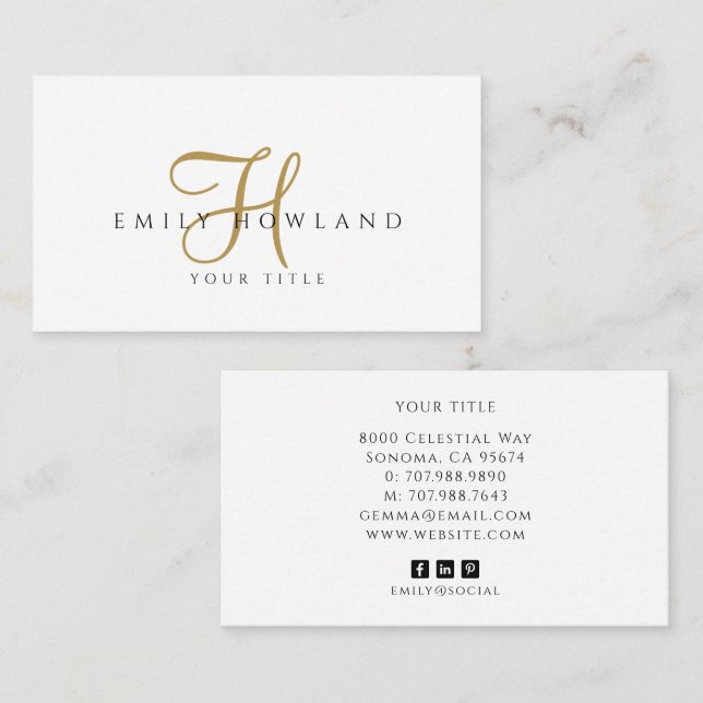 Minimalist Gold Script Monogram Name Business Card (Front/Back)