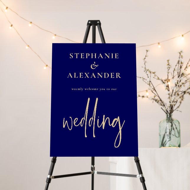 Minimalist Gold Script Navy Blue Welcome Wedding  Foam Board (In Situ (Stand))