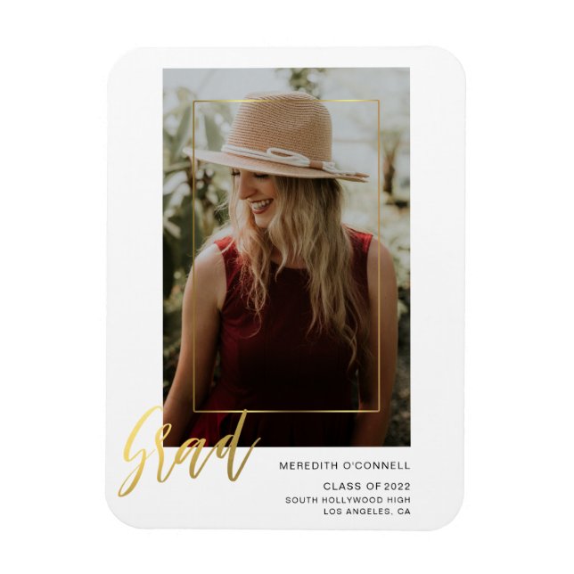 Minimalist Gold Script Photo Grad Announcement Magnet (Vertical)