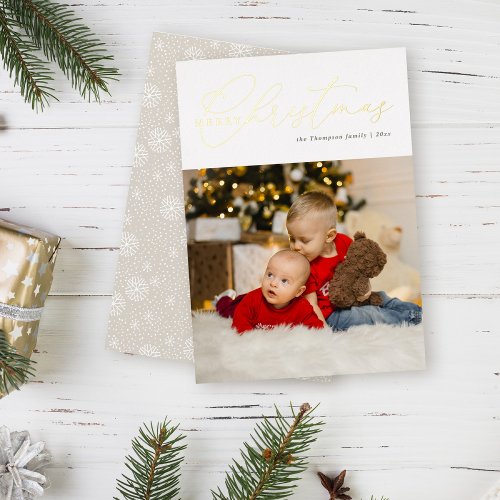 Minimalist Gold Script Photo Merry Christmas Foil Holiday Card