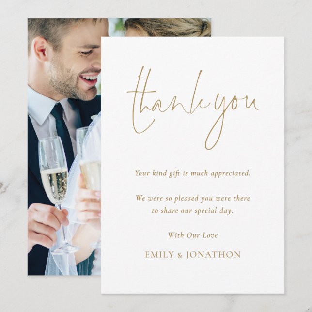 Minimalist Gold Script Photo Wedding Thank You Card (Front/Back)