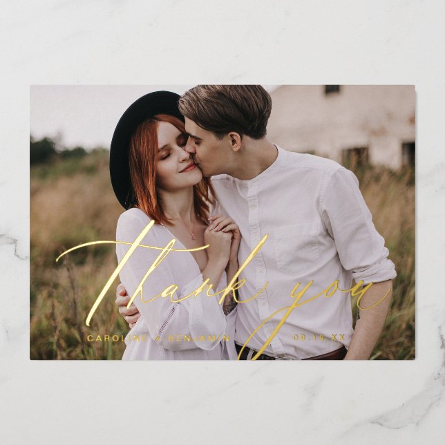 Minimalist Gold script photo wedding thank you Foil Invitation (Front)