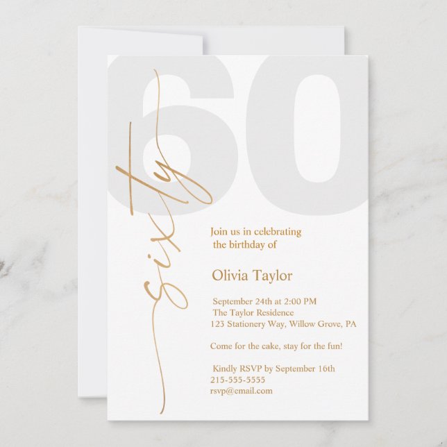 Minimalist Gold Script Sixty 60th Birthday  Invitation (Front)