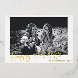 Minimalist Gold Script Typography Overlay Photo Foil Holiday Card