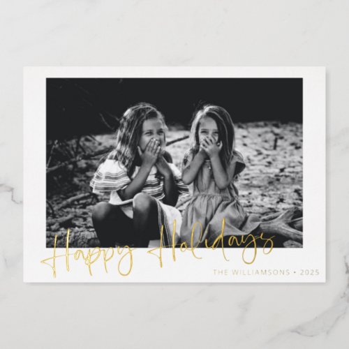 Minimalist Gold Script Typography Overlay Photo Foil Holiday Card