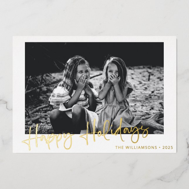Minimalist Gold Script Typography Overlay Photo Foil Holiday Card (Front)