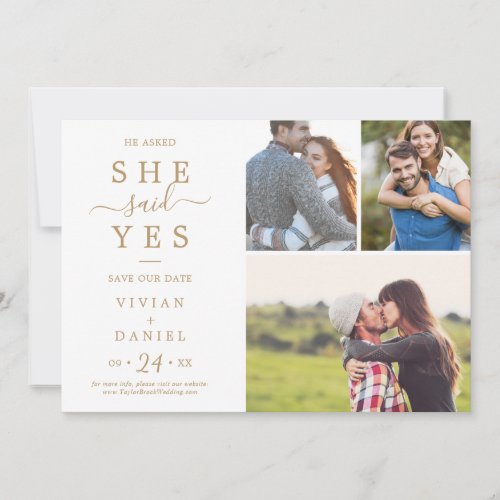 Minimalist Gold She Said Yes 3 Photo Collage Save The Date