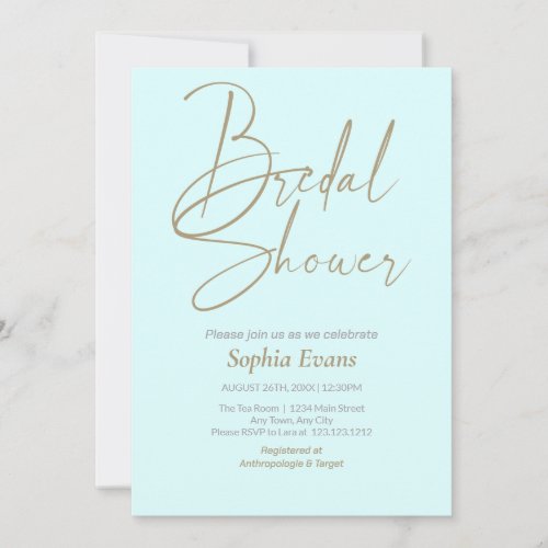 Minimalist Gold Silver Light Cyan Bridal Shower Invitation