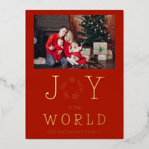 Minimalist Gold Snowflakes Joy To The World Family Foil Holiday Postcard