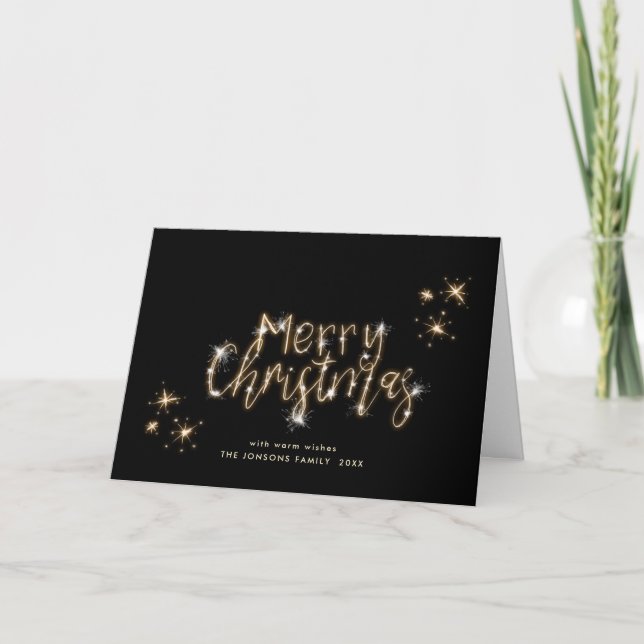Minimalist Gold Sparkle Lights Black Christmas Holiday Card (Front)