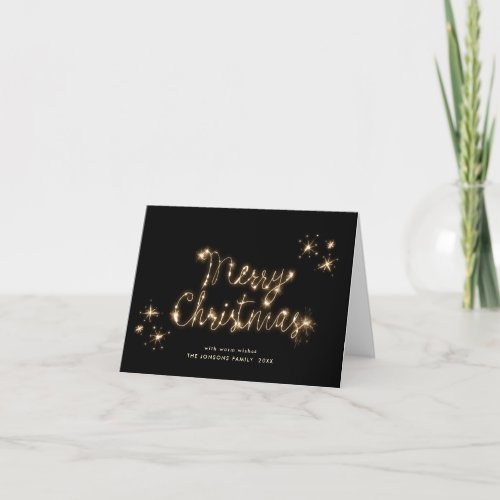 Minimalist Gold Sparkle Lights Black Christmas Holiday Card