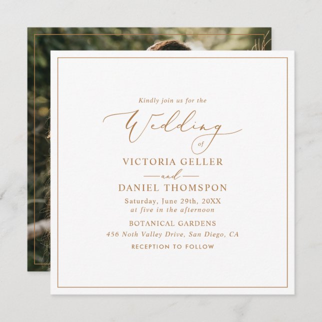 Minimalist Gold Square Photo Wedding  Invitation (Front/Back)