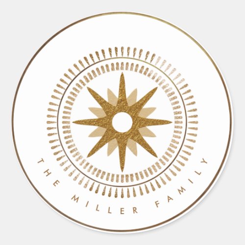 Minimalist Gold Starburst Medallion Family Name Classic Round Sticker