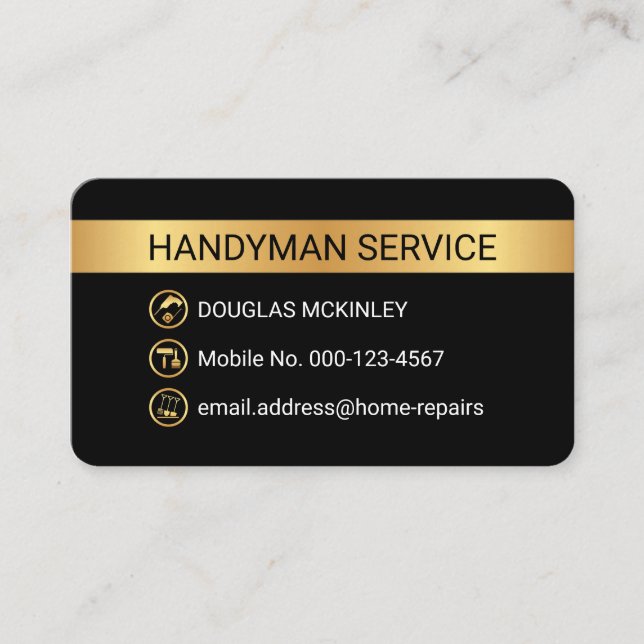 Minimalist Gold Stripe Handyman Tool Icons Business Card (Front)
