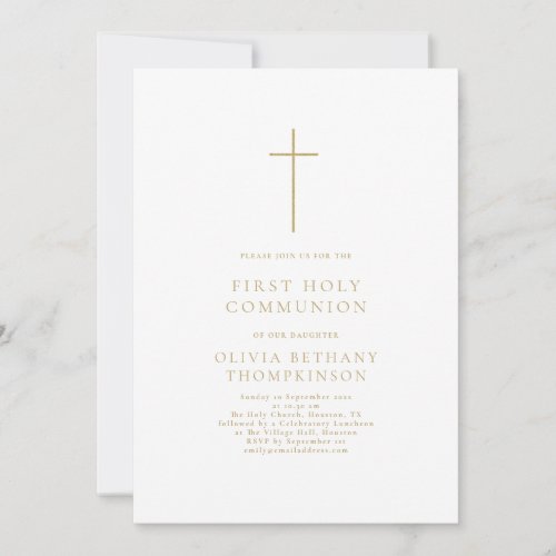Minimalist Gold Text Cross First Holy Communion Invitation