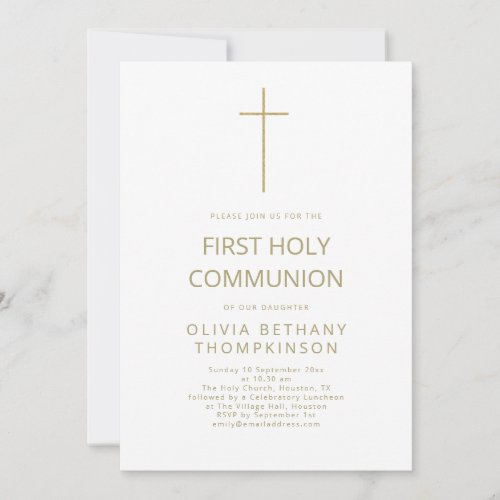 Minimalist Gold Text Cross First Holy Communion Invitation