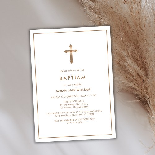 Minimalist Gold Typography Cross Frame Baptism Invitation