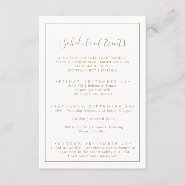 Minimalist Gold Wedding Weekend Schedule of Events Enclosure Card (Front)