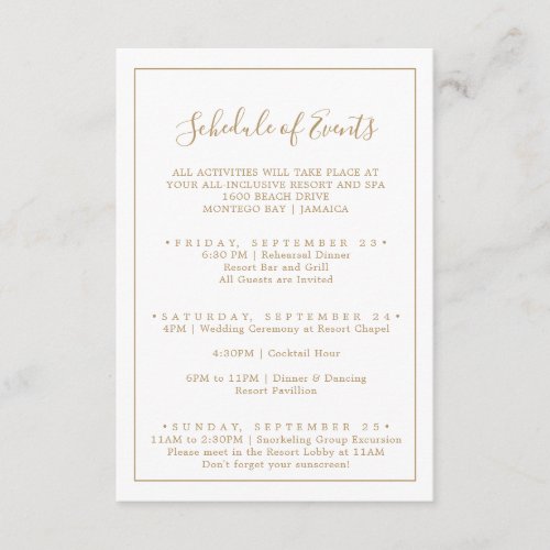 Minimalist Gold Wedding Weekend Schedule of Events Enclosure Card