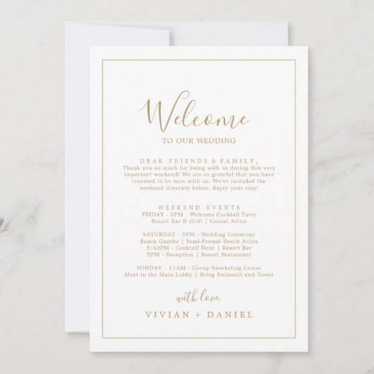 Minimalist Gold Welcome Letter Itinerary & Map (Front)