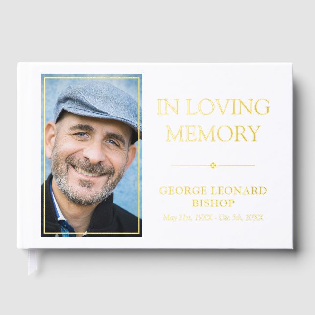 Minimalist Gold & White In Loving Memory Photo Foil Guest Book (Front)