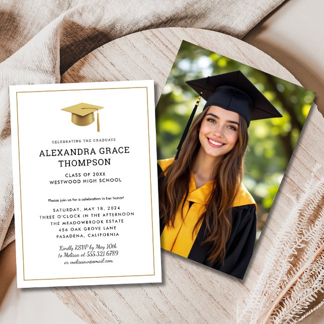 Minimalist Gold White Photo Modern Graduation  Invitation (Creator Uploaded)