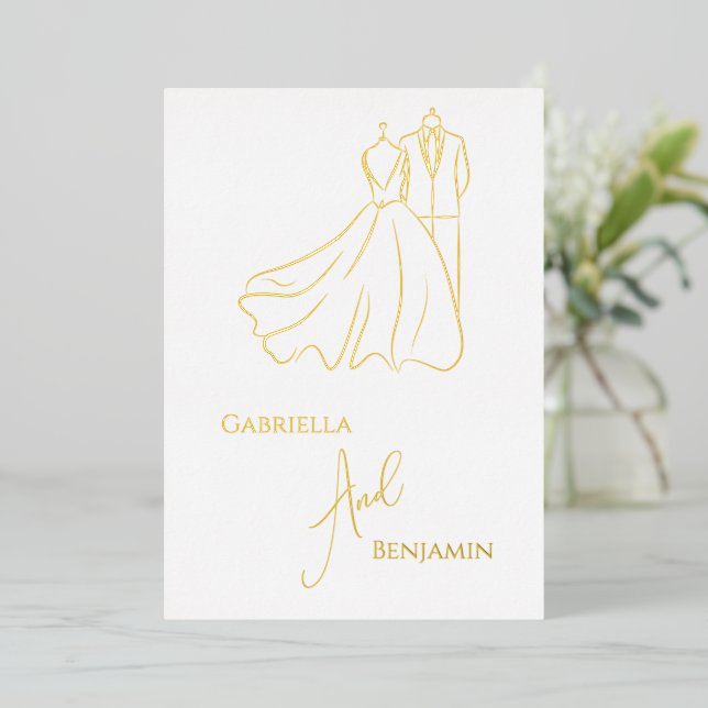 Minimalist Gold White Script Formal Wedding Foil Invitation (Standing Front)