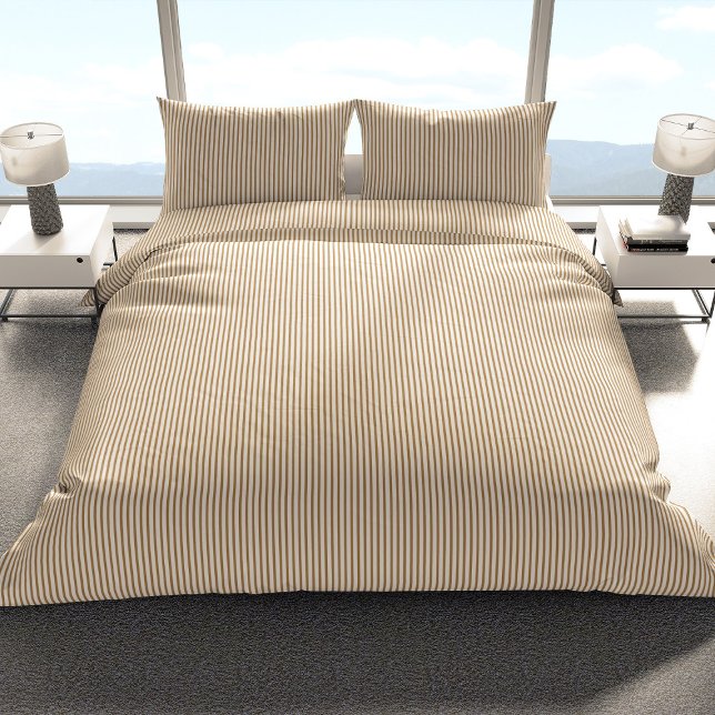 Minimalist Gold White Vertical Pinstripe Duvet Cover (Gold and white stripe duvet cover on bed)