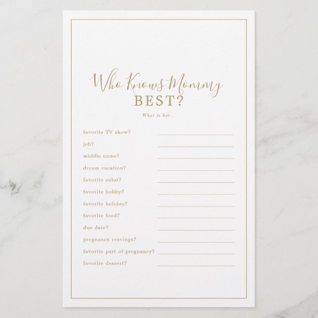 Minimalist Gold Who Knows Mommy Best Trivia Game Flyer (Front)