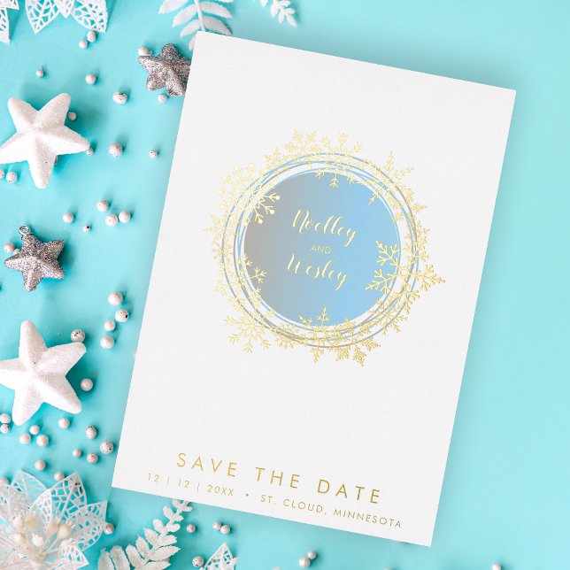 Minimalist Golden & Blue Snowflake Winter  Foil Invitation (Creator Uploaded)