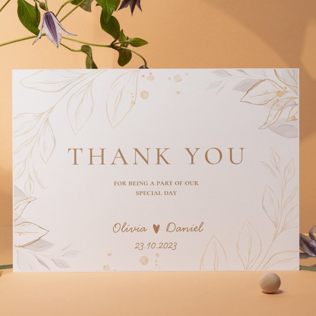 Minimalist Golden Floral Elegant Wedding Thank You Card (Creator Uploaded)