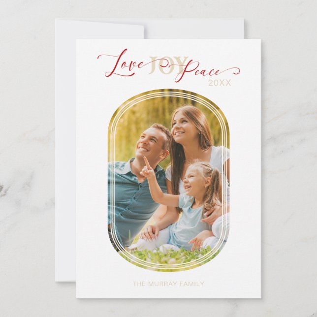 Minimalist Golden Love Joy Peace Christmas Family Holiday Card (Front)