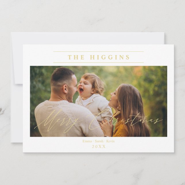 Minimalist Golden merry Christmas Photo Family Holiday Card (Front)
