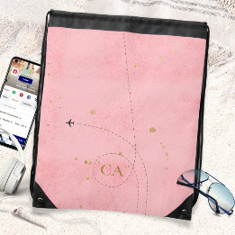 Minimalist Golden Monogram Salmon Pink Airplane Drawstring Bag