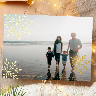 Minimalist Golden Snowflakes Merry Christmas Photo Foil Holiday Card