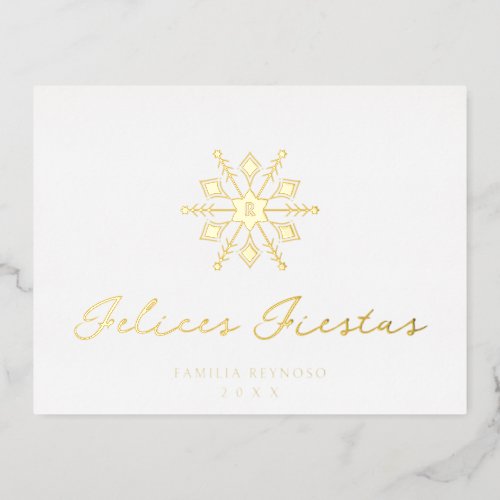 Minimalist Golden Spanish Modern Snowflake Initial Foil Holiday Postcard