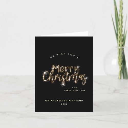 Minimalist Golden Sparkle Lights Black Christmas Holiday Card