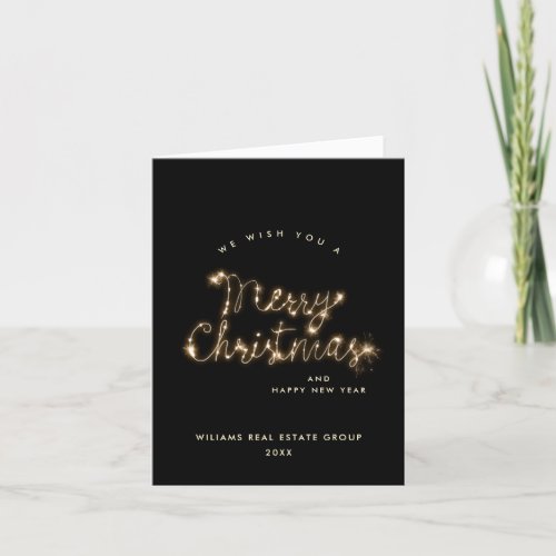Minimalist Golden Sparkle Lights Black Christmas Holiday Card