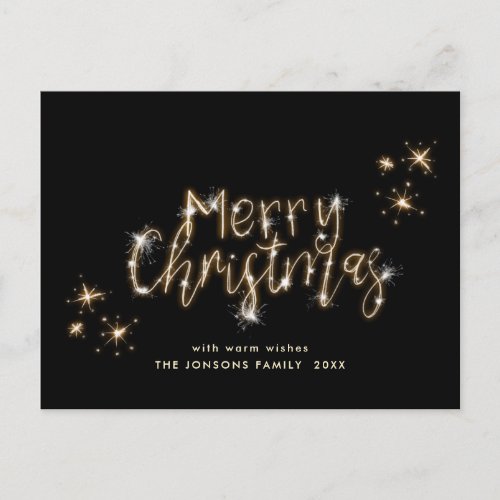 Minimalist Golden Sparkle Lights Black Christmas Postcard