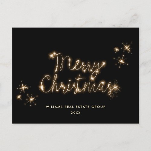 Minimalist Golden Sparkle Lights Black Christmas Postcard