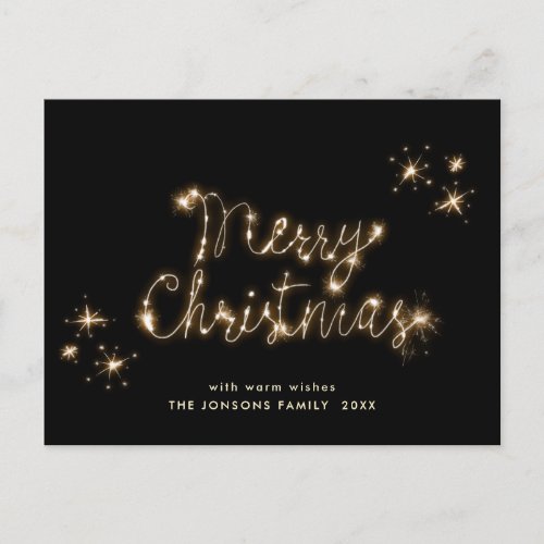 Minimalist Golden Sparkle Lights Black Christmas Postcard